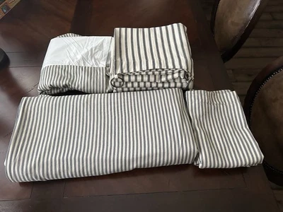 Pottery Barn Cream/Navy Pinstriped Queen Duvet Cover & Shams, Bedskirt, Curtains - Image 1 of 4