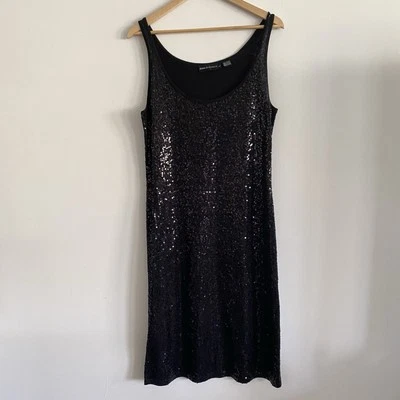 Dana Buchman Black Sequin Midi Dress Large Stretch Whimsical Fairy Goth Wedding - Image 1 of 4