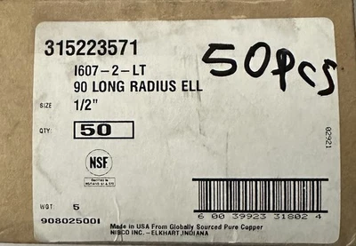 NIBCO 607-2-LT 90 Deg Long Radius Elbow,  1/2", 50 Pcs - Image 1 of 3