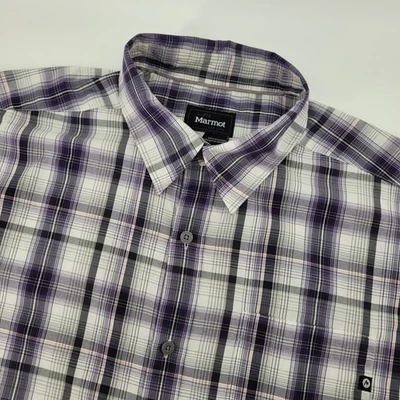 Marmot Mens Large Purple Plaid Short Sleeve Button Up Shirt - Image 1 of 4