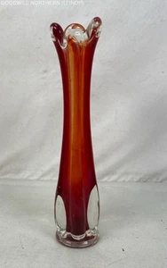 Vintage 9" Clear/Red Art Glass Swung Bud Vase - Picture 1 of 5