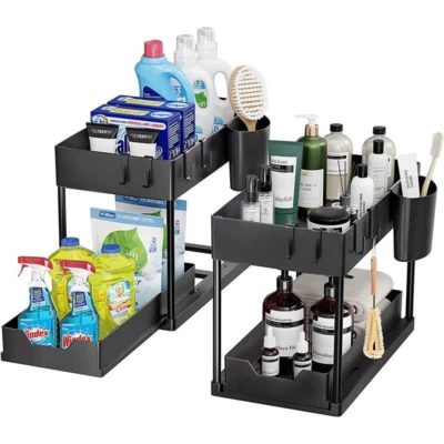 2X Under Sink Storage Organiser Shelf Spice Rack Pull Out Drawer Kitchen 2 Tier - Image 1 of 4