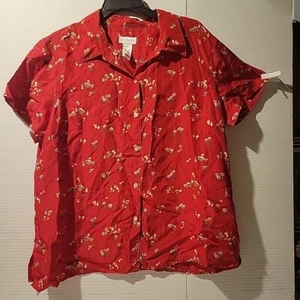 Liz Clairborn Shirt Top Red Palm Tree Pineapple Drinks Button Down Short Slv XL - Picture 1 of 7