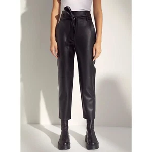 Aritzia Wilfred women's 2 High Waisted Tie front Belt Black Faux Leather Pants - Picture 1 of 12