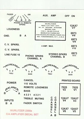  WURLITZER JUKEBOX 2000 2100 2200  2300S  2400 2404  2500 AMPLIFIER DECALS  - Image 1 of 4
