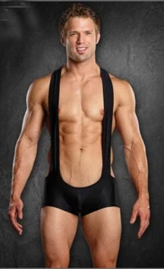 Male Power Nylon Black Singlet Sling Short Spandex Wrestling Club L/XL - Picture 1 of 2