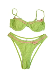 90s Y2K Scoop Micro Bikini Polka Dot Swimsuit Pink Bow Lime Green Size S/M 2Pc - Picture 1 of 2