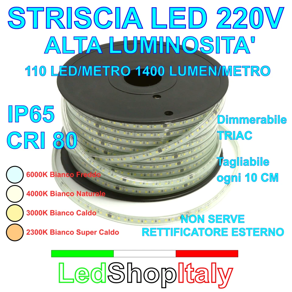 Striscia LED Bianca 220V 12W/m alta luminosità dimmerabile taglio su misura - Immagine 1 di 4