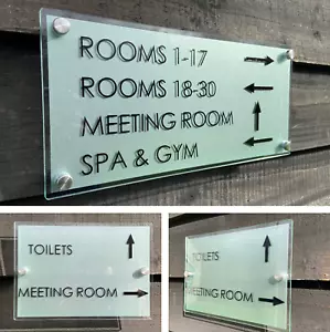 MEETING ROOMS & TOILET DIRECTIONAL SIGN PLAQUES GLASS ACRYLIC ARROW WALL SIGNS - Picture 1 of 2
