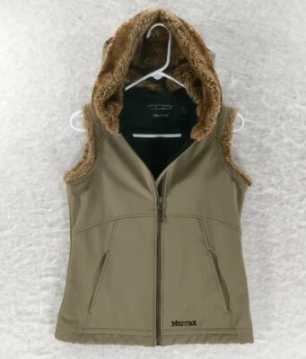 Colete Marmot Softshell pele sintética zíper completo com capuz feminino pequeno bronzeado caminhadas ao ar livre  - Imagem 1 de 4