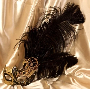 Masquerade Venetian Lady Half Face Mask With Feathers Black For Carnival Venice - Picture 1 of 5