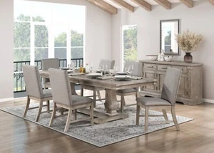 6 PC RUSTIC PEDESTAL DINING TABLE BROWNISH GREY CHAIRS BENCH FURNITURE SET - Picture 1 of 11