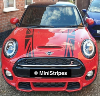 COPPIA COFANO F56 MINI COOPER S UNION JACK RACING STRISCE GRAFICHE VINILE DECALCOMANIE - Immagine 1 di 4