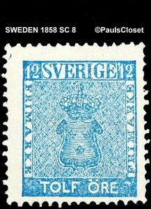 SWEDEN 1858 SC 8 COAT OF ARMS BLUE 12o MINT NO GUM FINE/VERY FINE - Picture 1 of 2