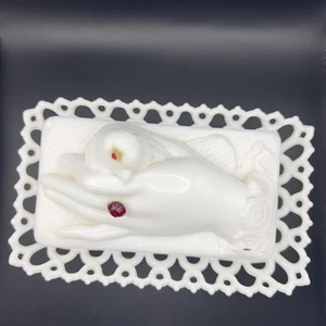 Antique 19th Century Atterbury Milk Glass Box Hand Bird Rhinestone Ruby Rare - Picture 1 of 21