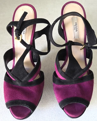 * 复古普拉达麂皮绒紫色黑色厚底高跟鞋美国尺码 9.5 EU 40.5 — 第 1/4 张图片