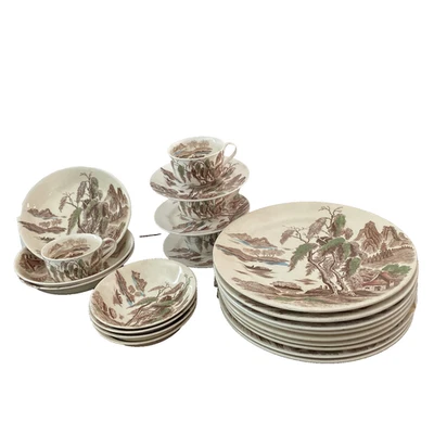 Conjunto de 23 peças 1940’s Nasco Mountain Wood Land China rústico campo prato bem usado - Imagem 1 de 4