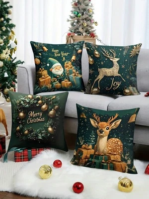 4 Pack Christmas Cushion Covers 40cm Sofa Pillow Cases Festive Xmas Decor Home - Image 1 of 2