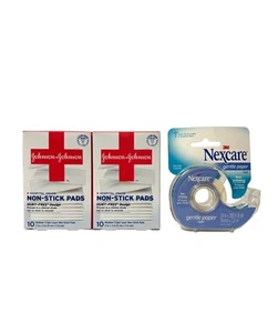 2 Johnson & Johnson First Aid Sterile Non-Stick Pads & 3M Nexcare Gentle Paper - Picture 1 of 7