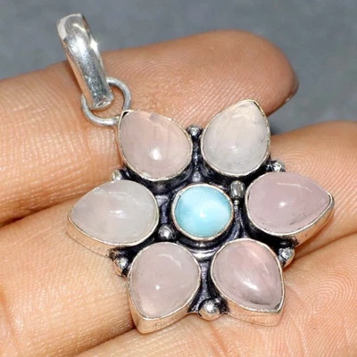 Sunflower Rose Quartz Larimar 925 Silver Plated Gemstone Pendant 1.8" JW - Image 1 of 3
