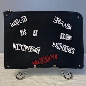 Valentino Garavani Black 'Beauty is a Birthright' Canvas Statement Clutch Pouch - Picture 1 of 9
