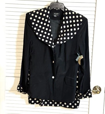 Y.LE.V Silk Skirt Suit Size 12 Polka Dot Black Beige Elastic Waist Women VTG New - Image 1 of 4