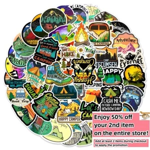 50pcs Waterproof Vinyl Stickers Camping Outdoorsy Hiking Trip Luggage Phone Car - Picture 1 of 9