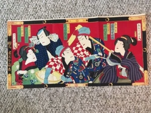 Tríptico japonés firmado en madera del siglo XIX de 5 actores con colores brillantes - Imagen 1 de 4