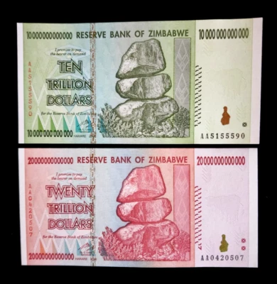 2 notas do Zimbábue - 1 x 10 e 20 trilhões de dólares /AA/2008 - Moeda autêntica UNC - Imagem 1 de 2