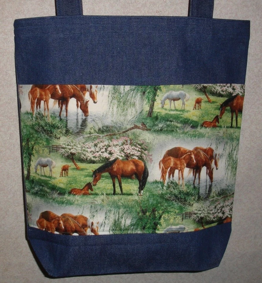 Nuevo Bolso de Mano Hecho a Mano Grande Caballo Primavera Madera de Perro Pasto Granja Denim Foto 1 de 1