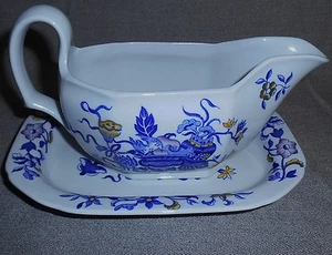 SET 2 PEZZI Copeland Spode MULTICOLORE BLU BOWPOT PATTERN Gravy Boat con sottopiastra - Foto 1 di 6