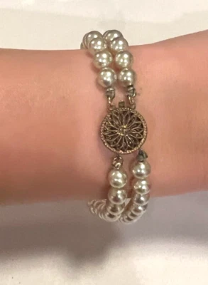 Brazalete de plata de ley con perlas de doble hilo 7,5" Foto 1 de 4