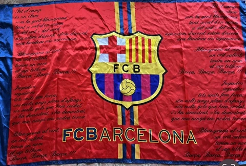 **RARE**.  FCB Barcelona Banner/Flag Football 38" x 60" WITH ANTHEM Cover
