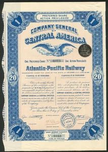 Nicaragua: Company General of Central America Atlantic-Pacific Railway, $20 p... - Picture 1 of 1