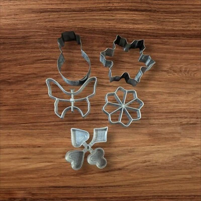 Vintage Metal Cookie Cutters Set Of 5 Unique Shapes Hearts Flower & Starburst De - Image 1 of 4
