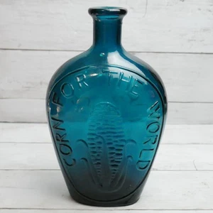Vintage Corn For The World Cornflower Blue Green Glass Bottle 8" Tall - Picture 1 of 9