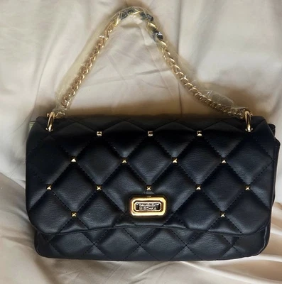 Badgley Mischka Black Quilted Vegan Leather Gold Stud Chain Crossbody  BM4072 - Image 1 of 4