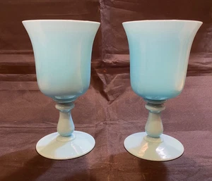 Pair of Portieux Vallerysthal Blue Opaque Glass Wafer Stem Goblets 7" Tall - Picture 1 of 4