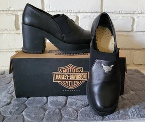 Vintage Harley Davidson Women's Leather Chunky Black Platform Biker Shoes 8M - Picture 1 of 13