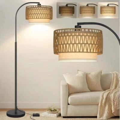Arc Floor Lamp Black, Boho Floor Lamps for Living Room, Black with rattan shade - Image 1 of 4