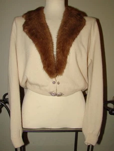 VINTAGE PIN UP REAL FUR 100% VIRGIN CASHMERE CARDIGAN DALTON SWEATER RHINESTONe - Picture 1 of 8