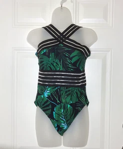 Hilor Neu mit Etikett Monokini Größe M One Piece Bademode Crossover vorne schwarz grün Blätter - Bild 1 von 11