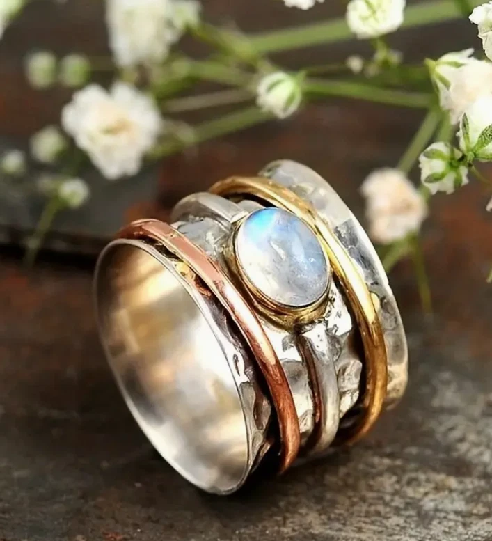 Natural Moonstone 925 Silver Plated Ring Fidget Anxiety Opal look Size 8 or 9 - Image 1 of 3