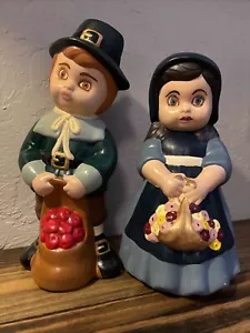 Vintage Ceramic Thanksgiving Boy/Girl Hand Painted Pilgrim Figurines 10". - Picture 1 of 6
