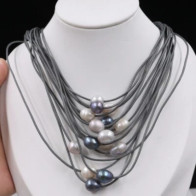 Collar Diseños Clásicos Multi Hilo Cuero Cordón 11mm Perla Natural 18" T455 Foto 1 de 4