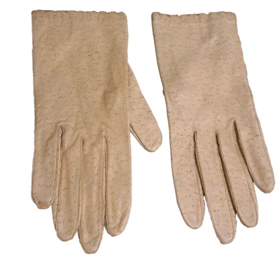 Vtg Women Size M Tan Pierced Leather 8" Driving Motorcycle Scallop Edge Gloves - Image 1 of 4