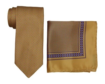 Italo Ferretti Satin Yellow Geometric Tie and Pocket Square Set - Image 1 of 2