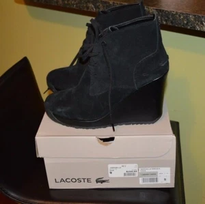 LACOSTE WOMEN WEDGE HEEL BOOTIES JARRISELLE BLACK SUEDE LEATHER SIZE -39/9 $200 - Picture 1 of 7
