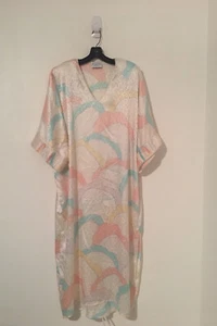 Mary McFadden Vtg Pastel V Neck Long Caftan Mumu House Dress Shoulder Pads - Picture 1 of 8