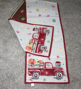RED TRUCK Fall Harvest Tapestry Table Runner 13" X 66" Holiday Leaves EUC - Picture 1 of 3